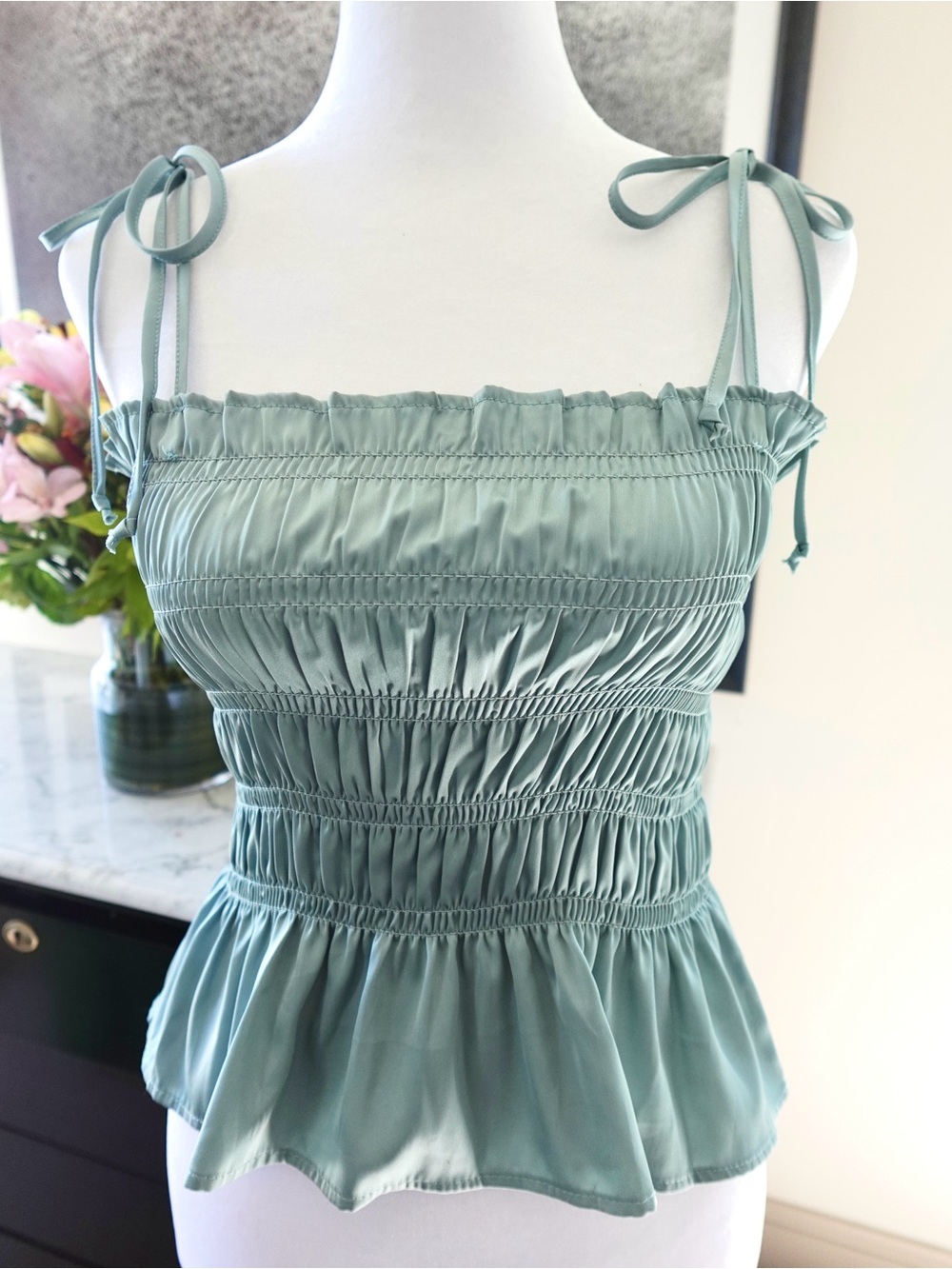 Smocked Tie-Shoulder Camisole in Sage Green
